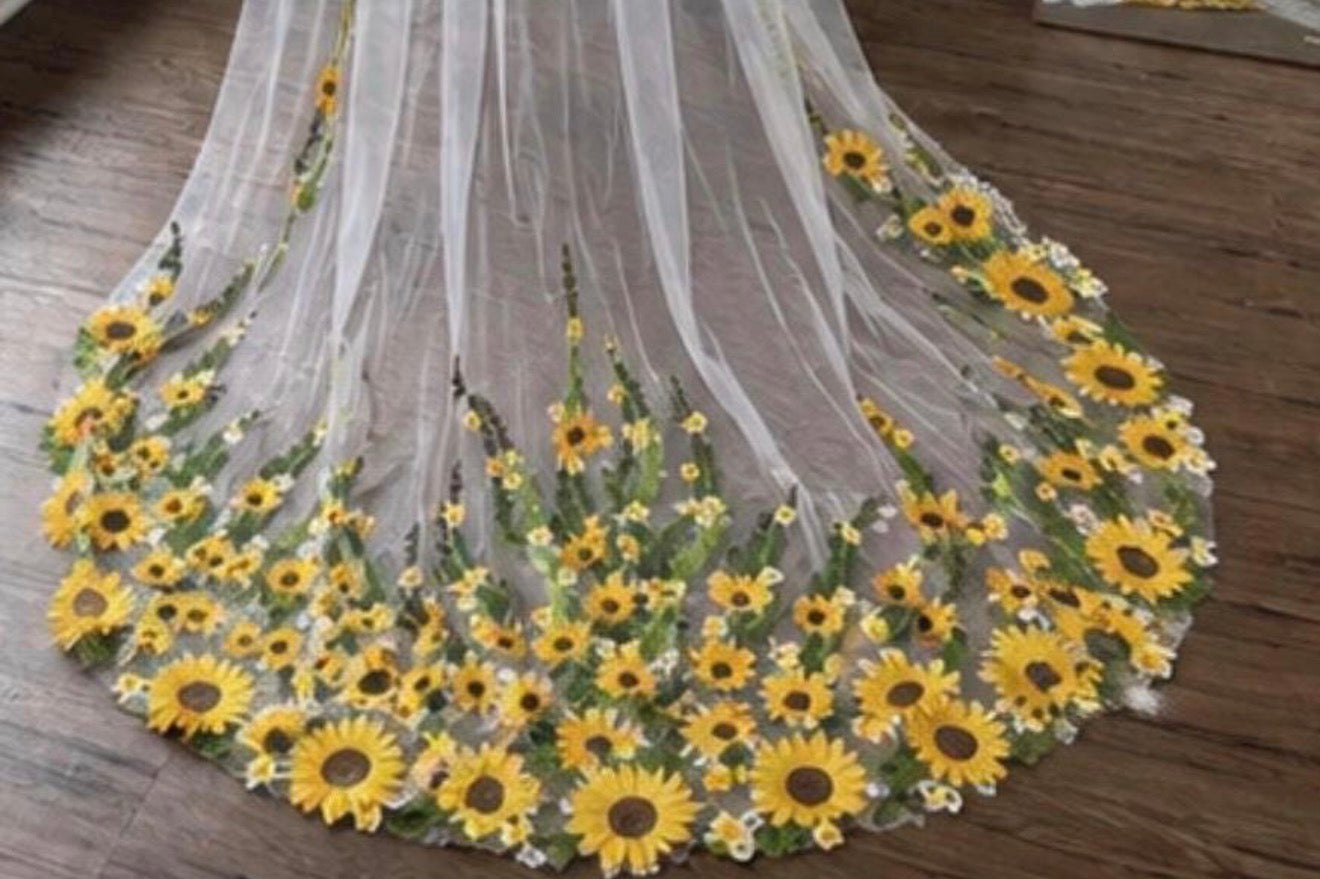 Sunflower Floral Trim Floor Length Wedding Veil