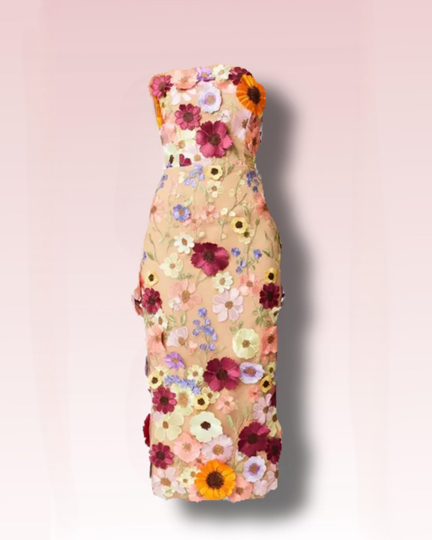 Stylish knee-length floral cocktail dress with colorful 3D flower appliqués on a translucent overlay. Ideal for wedding guests and spring-summer events. Strapless Summer Wedding Guest Dress. Spring Summer Wedding Guest Dress. Strapless Midi Cocktail Dresses for Summer