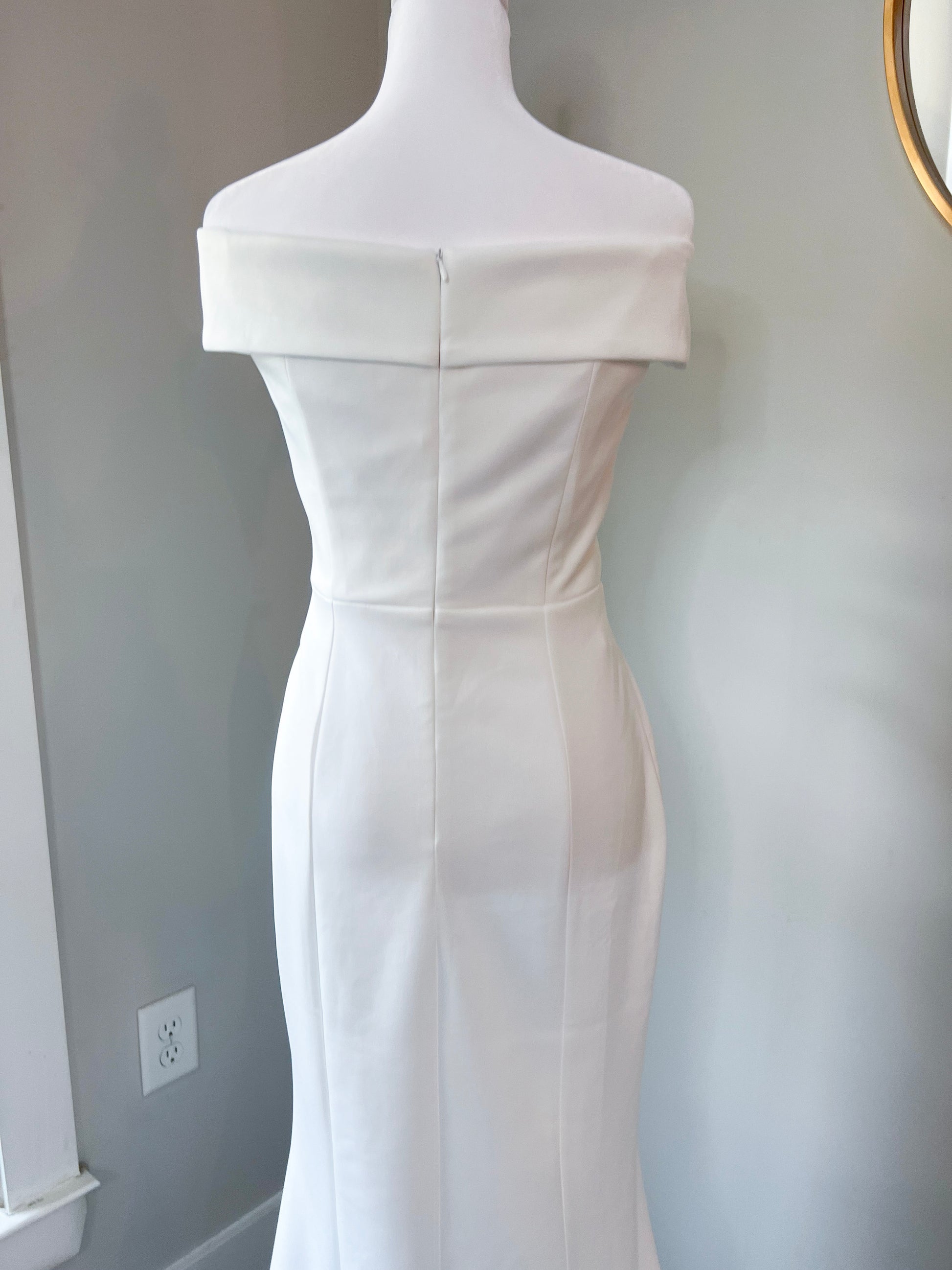 off shoulder zip up back wedding gown, bridal gown empire waist