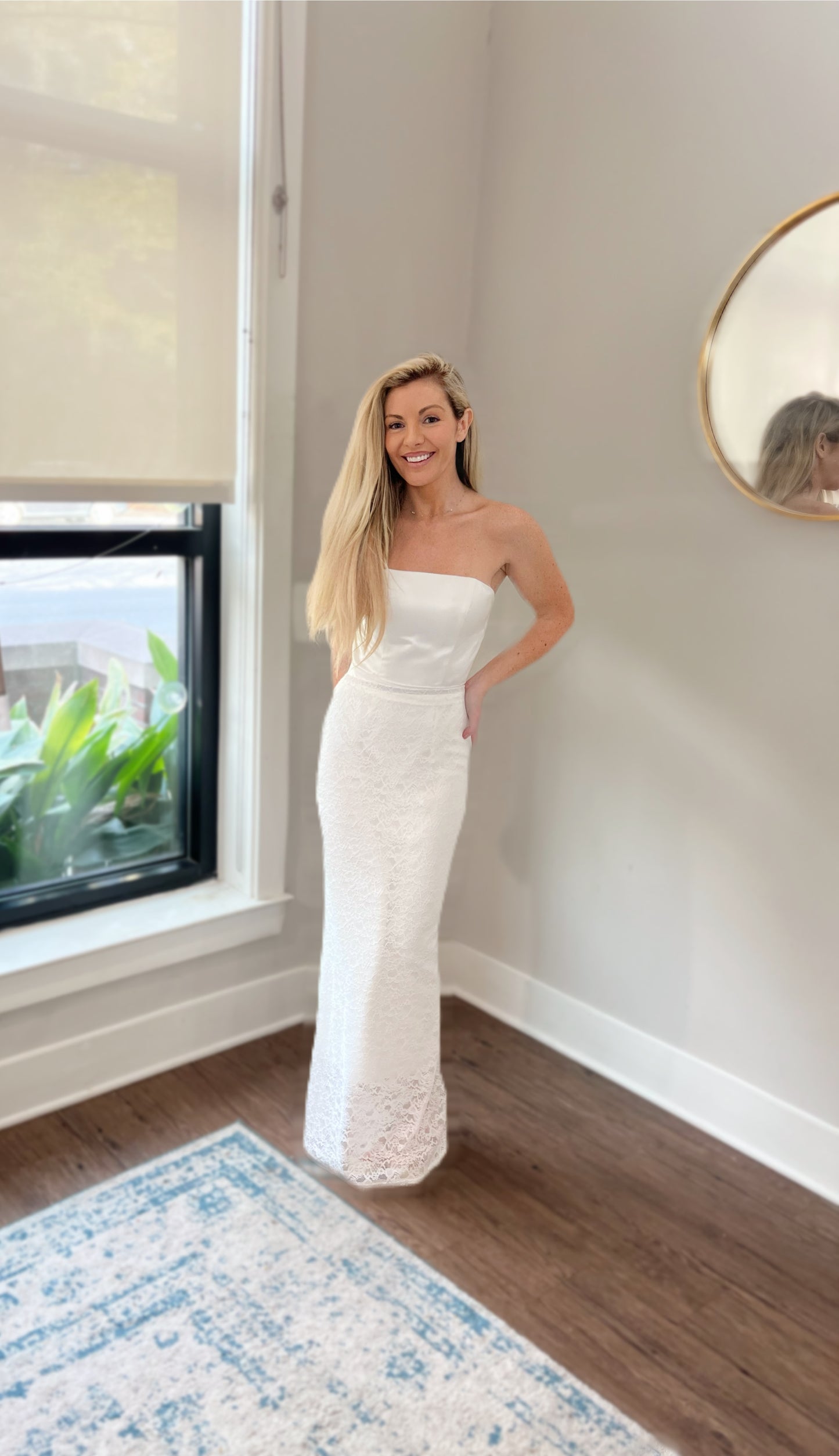 Lace Bridal Overskirt, Strapless Satin Midi Wedding Dress, Two piece wedding set