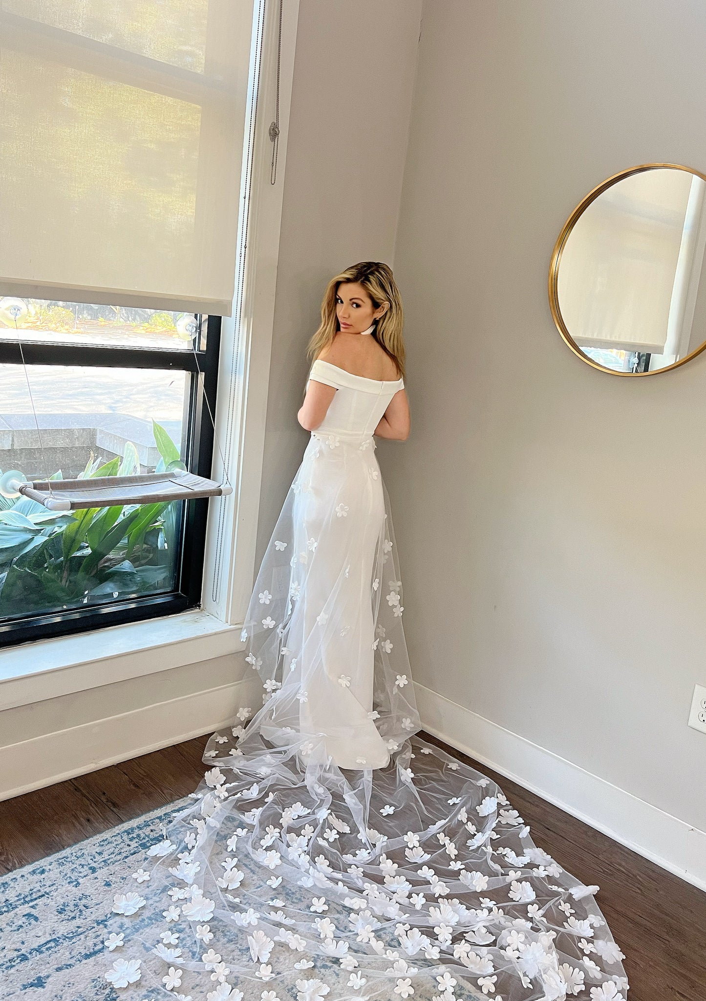 one layer tulle wedding train, removable tulle floral bridal overskirt, beautiful spring wedding dress, spring wedding trends