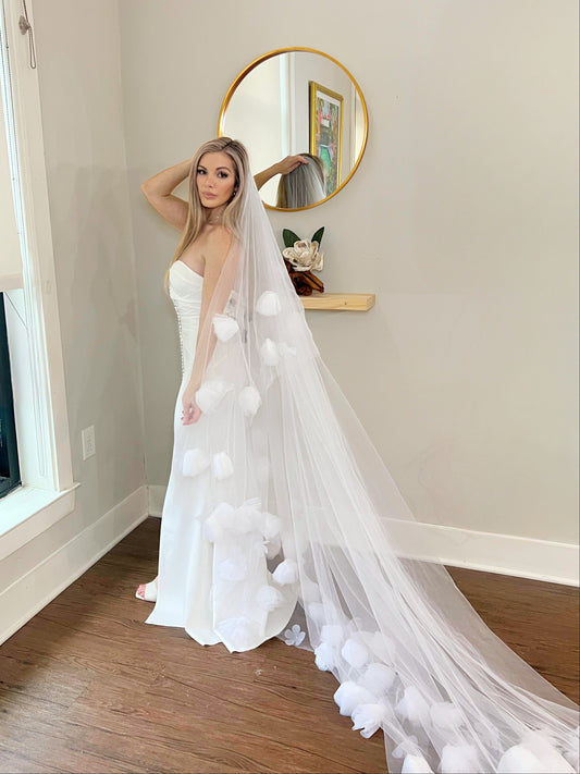 Romantic Cathedral-Length Wedding Veil with Handcrafted Tulle Flowers – Haus of Lace, Maggie Sorento Wedding Veil, Romantic Wedding Veil with Hand Crafted Tulle Flowers Cathedral Length Wedding Veil Haus of Lace, This classically-inspired cathedral-length wedding veil provides a touch of sophisticated charm to an otherwise traditional look. The floral details complete the ensemble to create a timeless beauty on your special day.