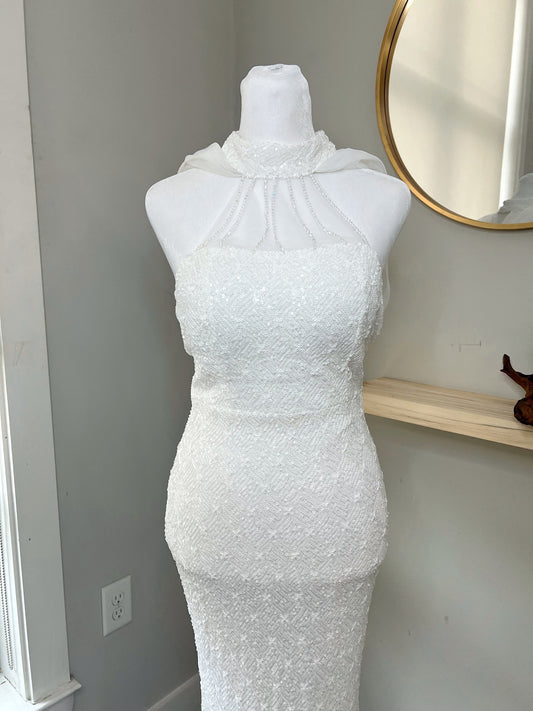 Old Hollywood wedding dress, reception wedding dress, reception party gown, beaded halter wedding dress, halter wedding gown, high neck wedding dress, beaded wedding dress