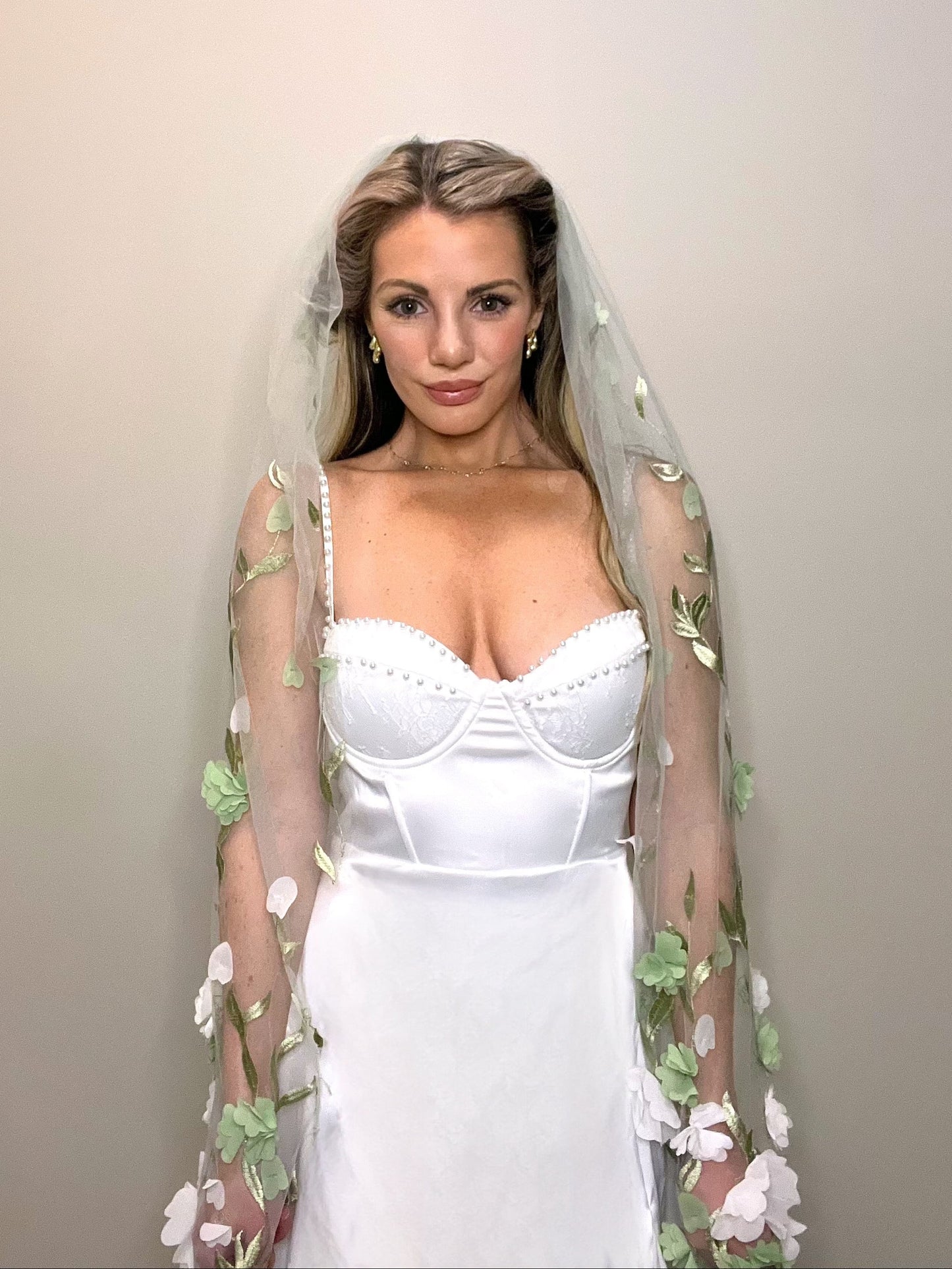 3D Green and White Floral Appliqués Garden Fairy Floor Length Wedding Veil