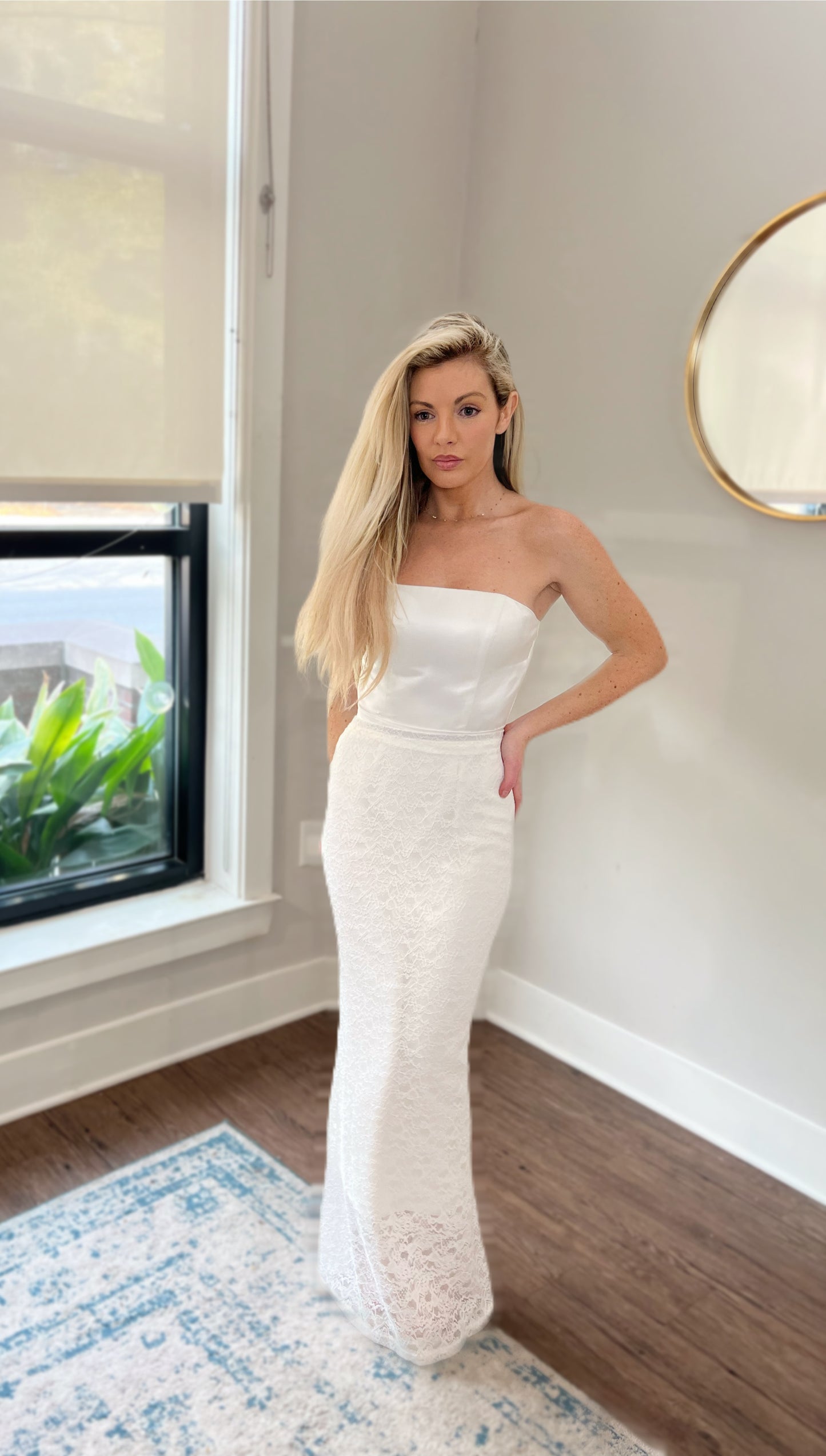 Affordable wedding looks, bridal court house wedding dress, satin wedding dress