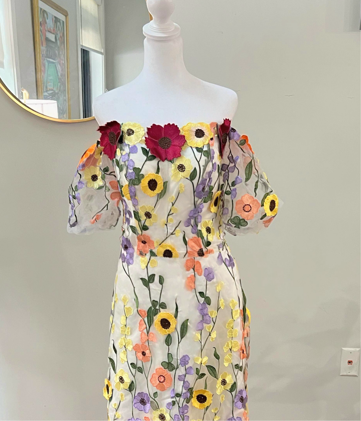 Off Shoulder White and 3D Flowers Floral Wedding Dress