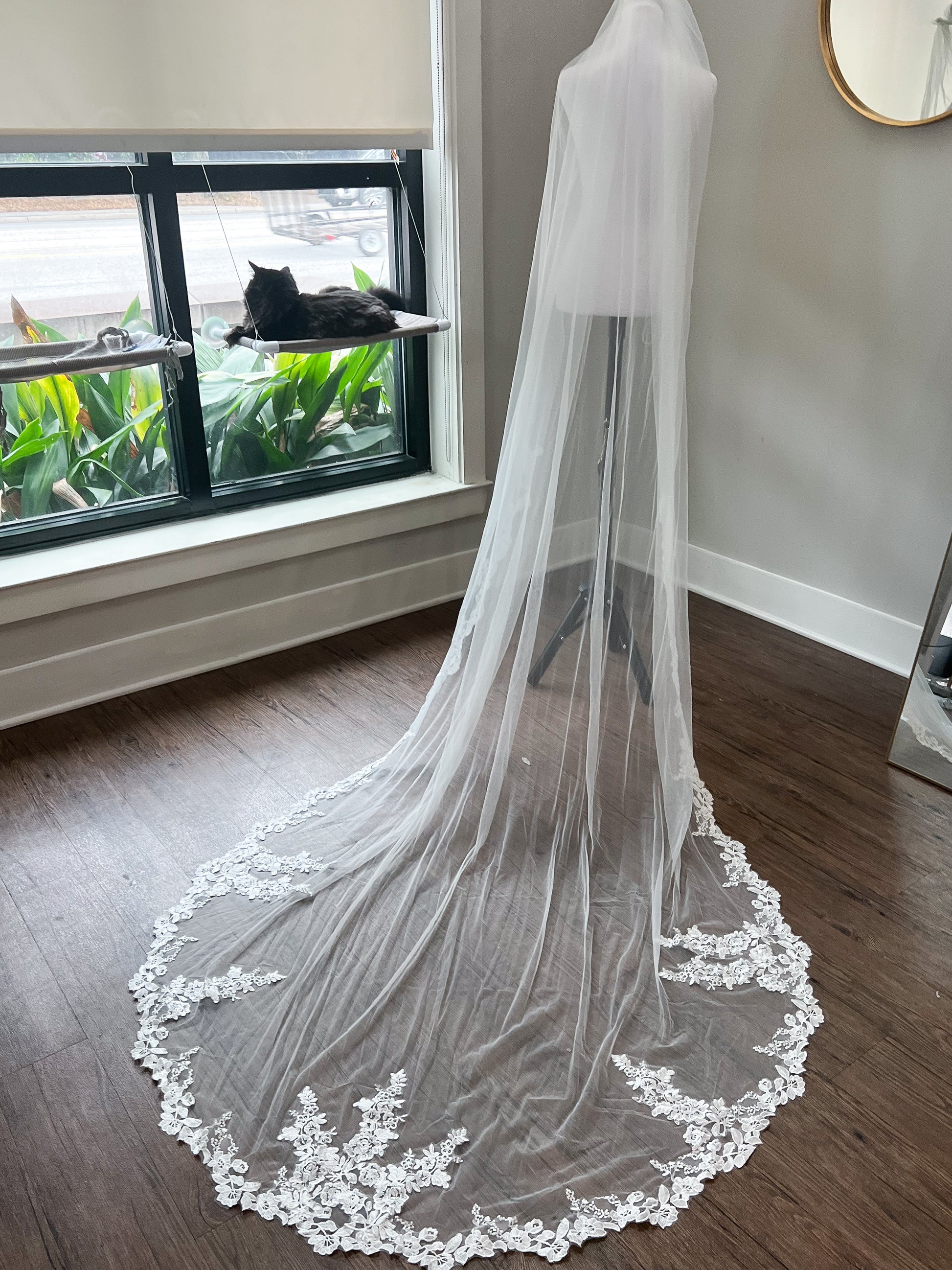 Sheer tulle one tier wedding veil with lace trim, bridal veil with comb, unique bridal veils, long bridal veil, grace loves lace bridal veil, floral lace edging tulle wedding veil