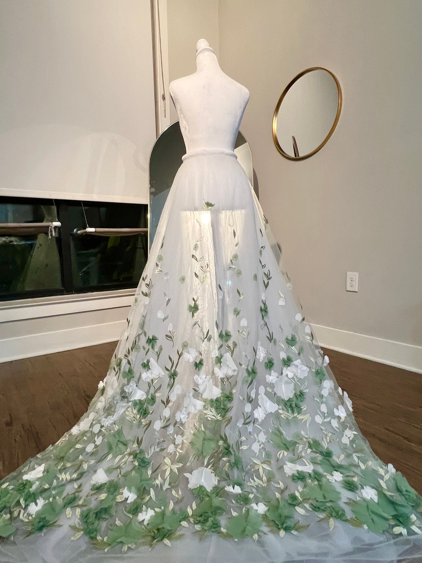 Forest Wedding Bridal Train, Forest Garden Party Wedding Skirt, Detachable tulle train green and white 3D flowers