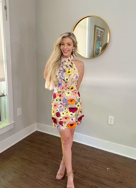 Mini 3D Flower Embroidery Halter Cocktail Spring Summer Dress