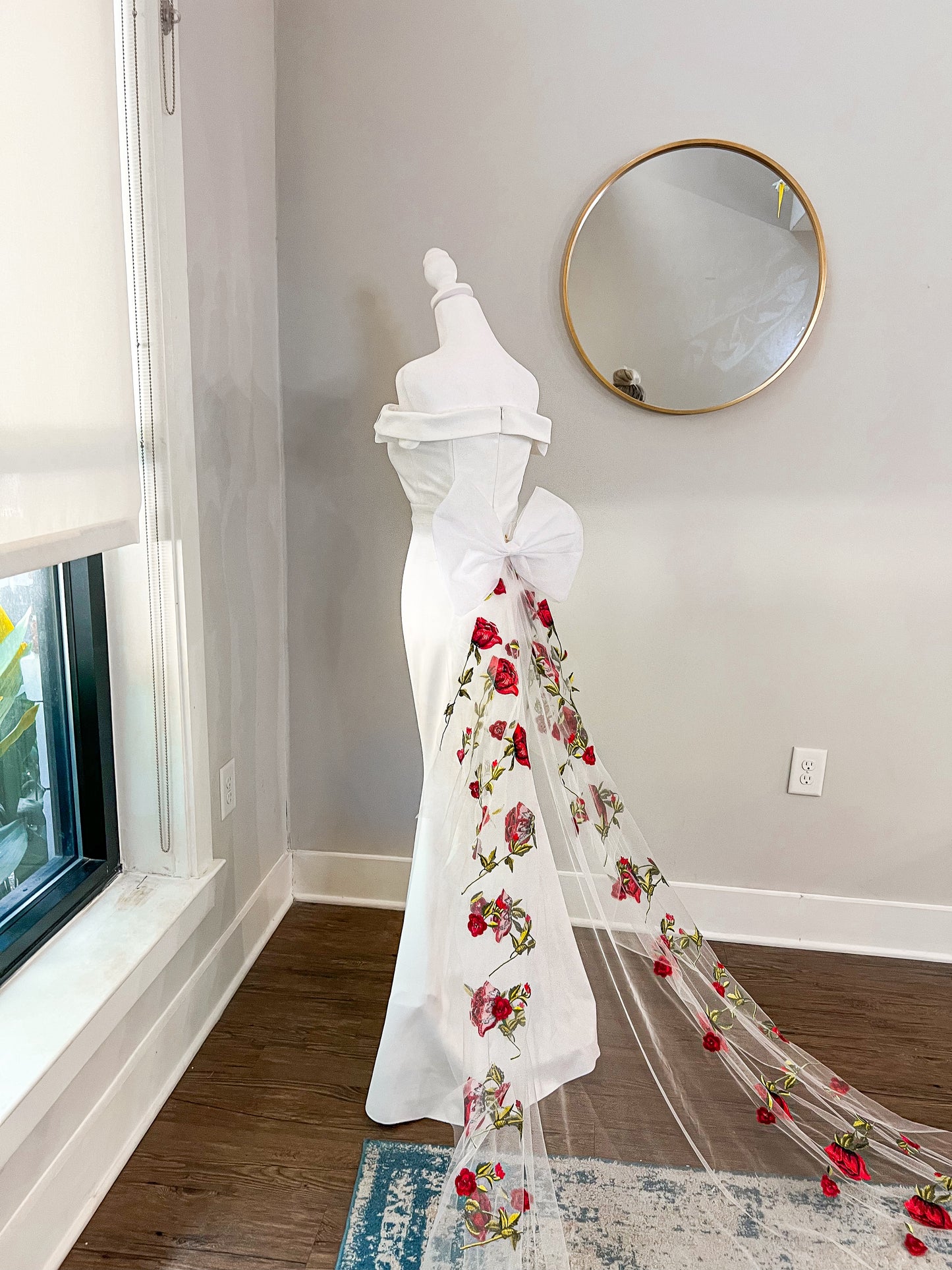 Red Roses Floral Embroidered Detachable Wedding Train with or without Bow