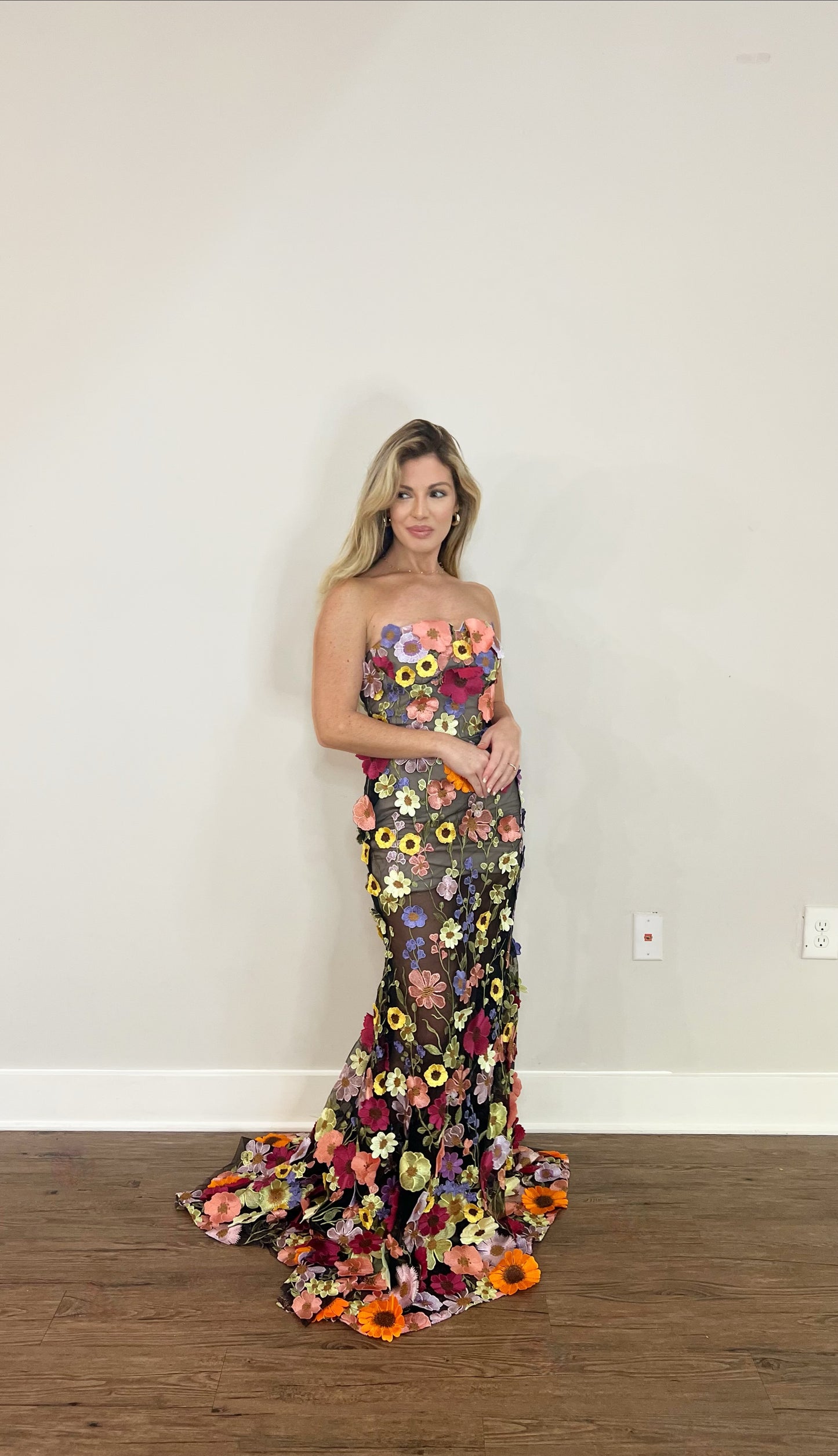3D Flowers Black Tie Evening Gown Wedding Guest Dress