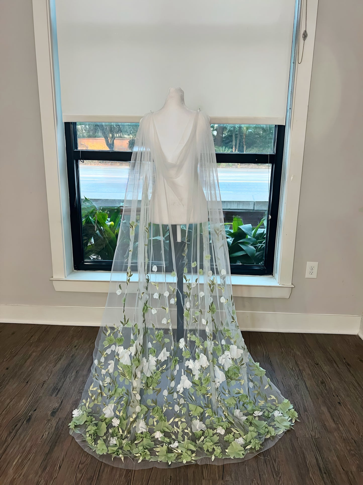 Non traditional wedding accessories, floral garden party bridal cape, floral wedding cape, wedding cape with green and white flowers on it, fairy wedding cape, outdoor wedding accessories, green wedding accessories, unique wedding accessories