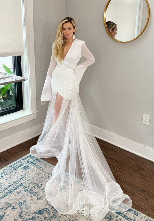 Tulle Horsehair netting detachable wedding train, full bridal overskirt one layer tulle structured trim, zipper back wedding skirt, affordable bridal train