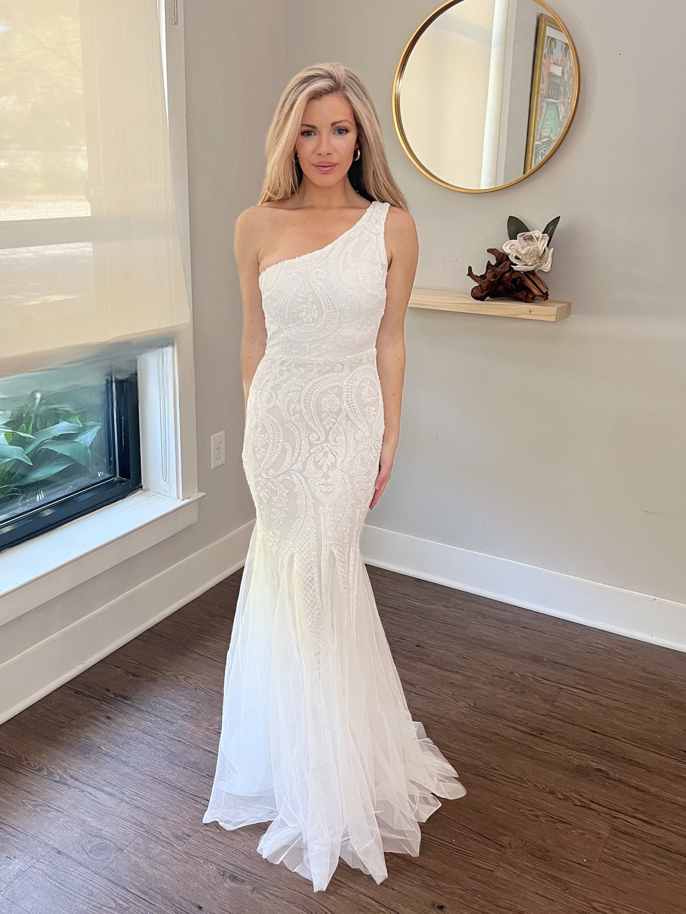Beaded Sequin One Shoulder Trumpet Wedding Dress 6