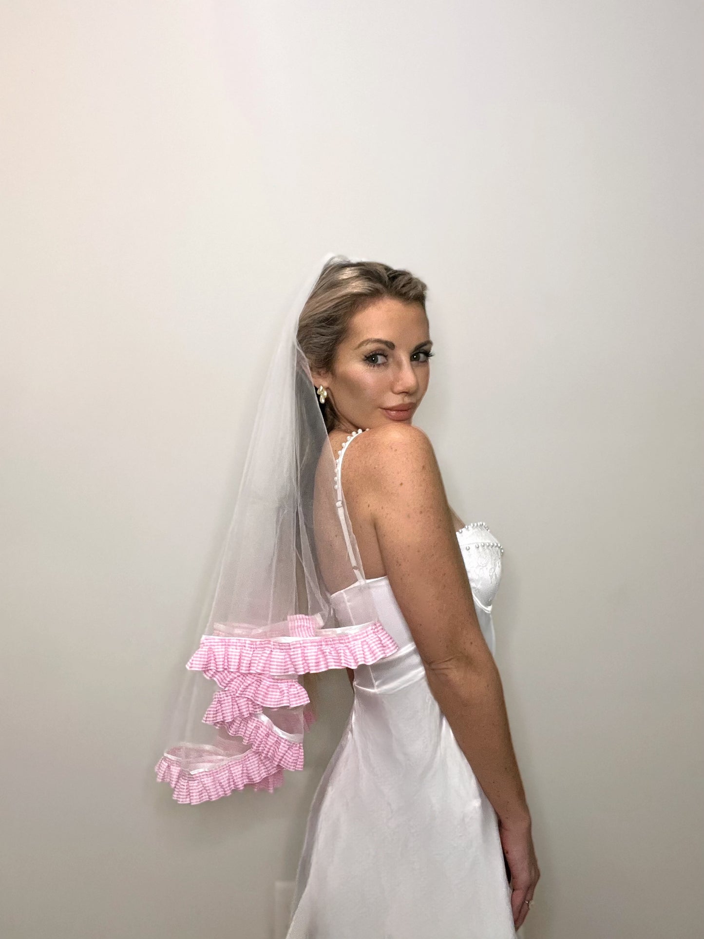 Pink Gingham Wedding Veil Side View