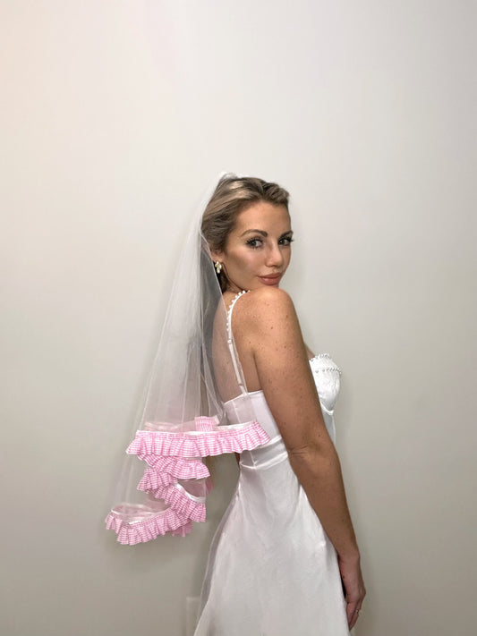 Pink Gingham Wedding Veil Side View
