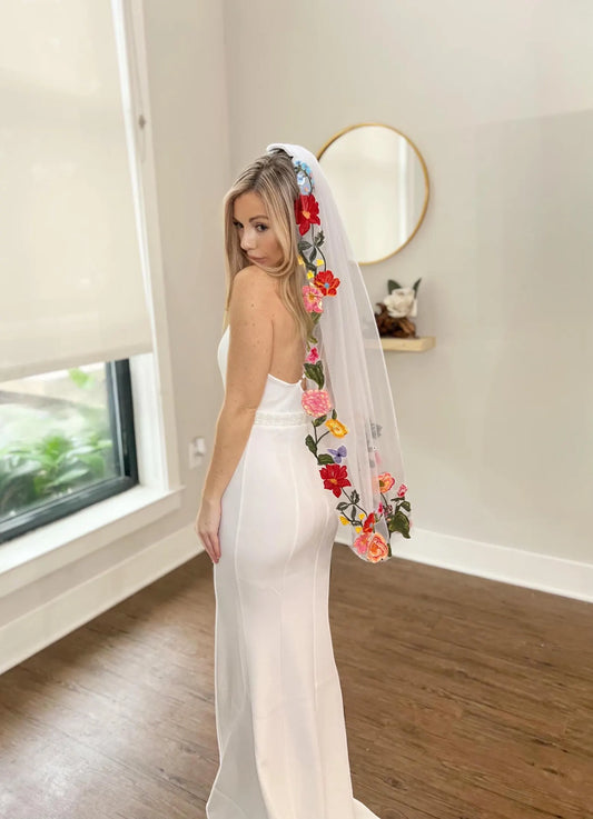Embroidered Floral Wedding Veil – Colorful Boho Bridal Veil with Flowers, Floral Trim Embroidery Fingertip Wedding Veil, Non-traditional wedding veil, colorful flowers wedding veil, fingertip veils, affordable wedding veil, boho wedding veil