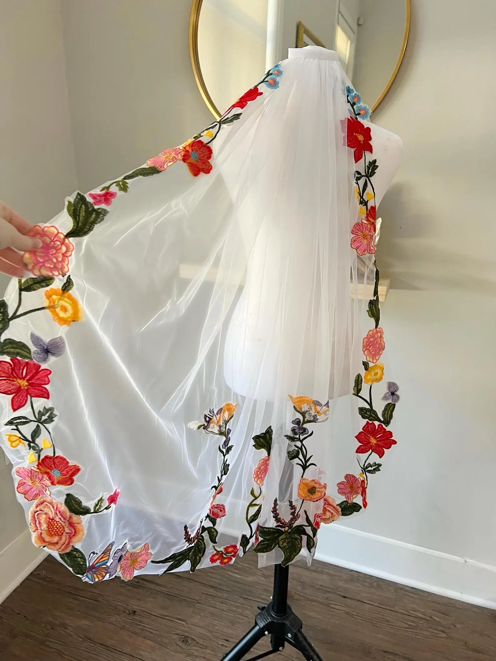 Embroidered Floral Wedding Veil – Colorful Boho Bridal Veil with Flowers, Floral Trim Embroidery Fingertip Wedding Veil, Non-traditional wedding veil, colorful flowers wedding veil, fingertip veils, affordable wedding veil, boho wedding veil