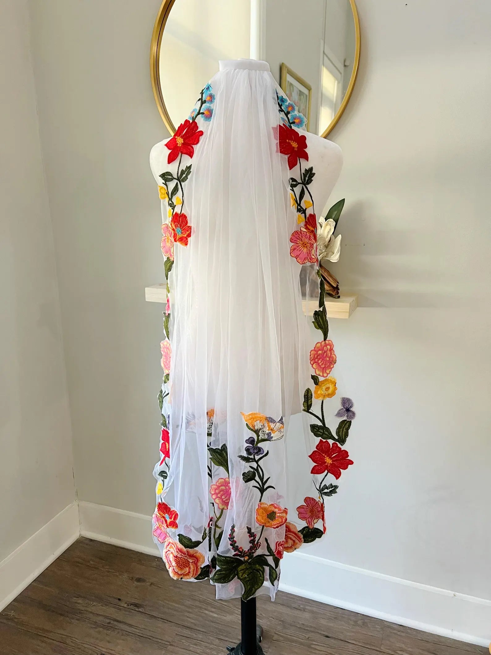 Embroidered Floral Wedding Veil – Colorful Boho Bridal Veil with Flowers, Floral Trim Embroidery Fingertip Wedding Veil, Non-traditional wedding veil, colorful flowers wedding veil, fingertip veils, affordable wedding veil, boho wedding veil