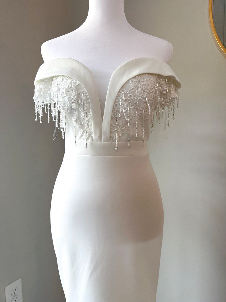 Form fitting beautiful crystal lace embroidered wedding dress, stretchy bridal gown, comfortable wedding dress, wedding reception gown, affordable bridal gown, beautiful crystal detailed top