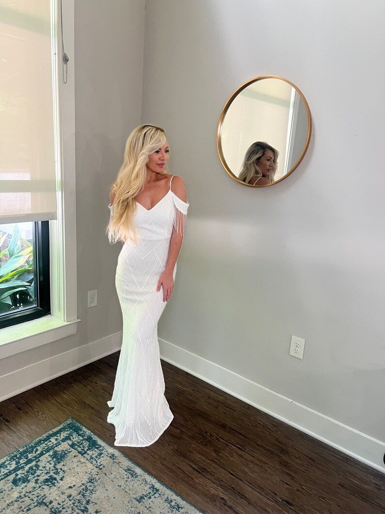 Sequin Off Shoulder Trumpet Wedding Dress with Removable Satin Train