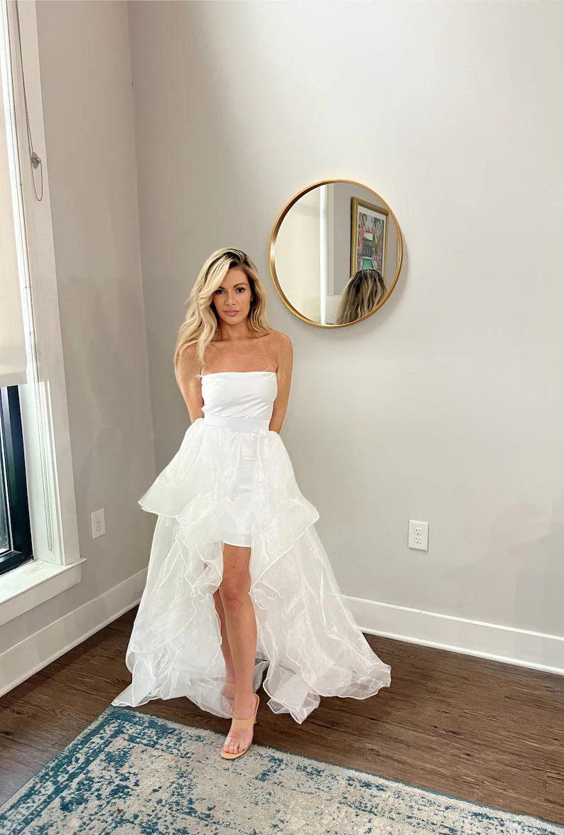 High low tiered wedding skirt. Made from tulle. Custom Colors.