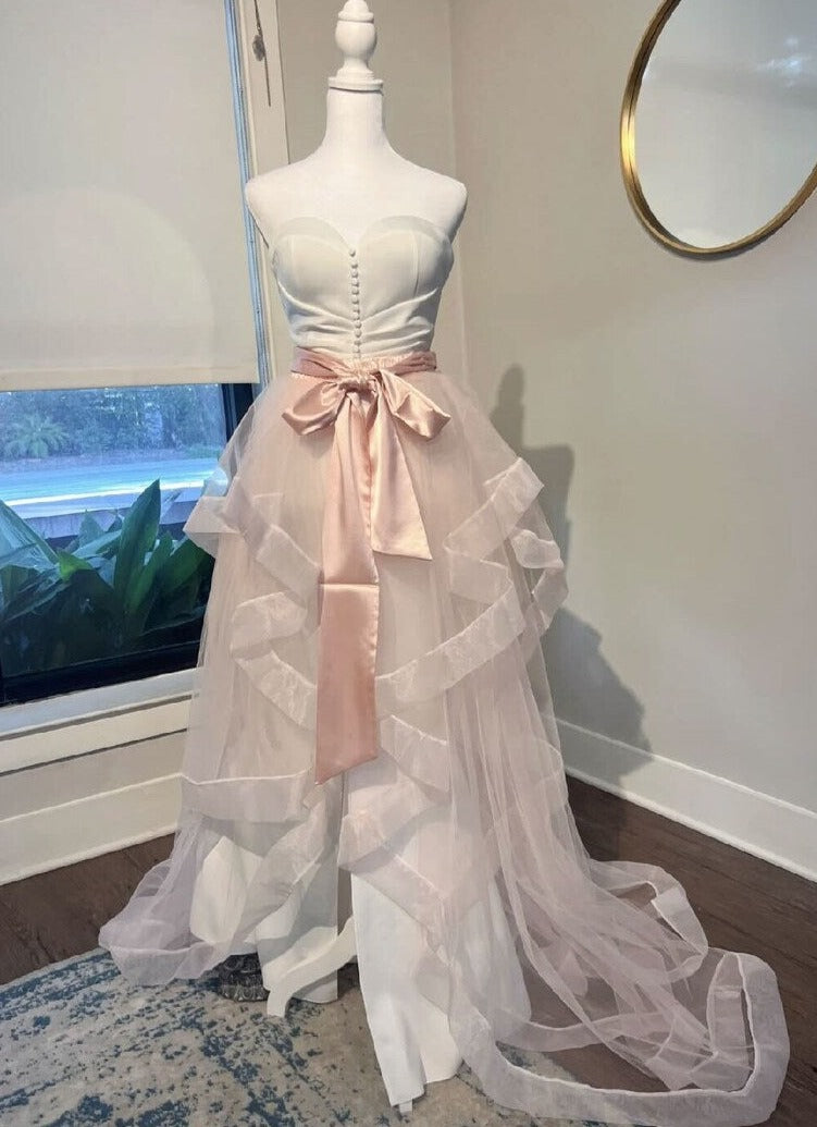 Tiered Pink Wedding Train with Detachable Satin Bow for Wedding Dress