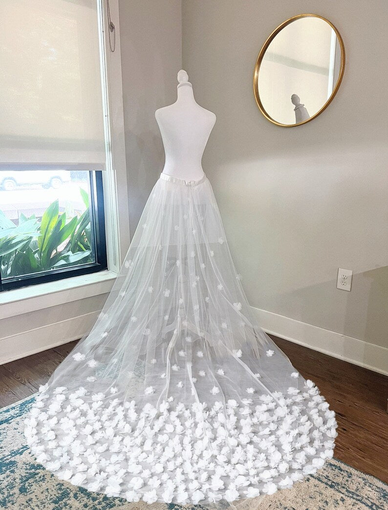White 3D Floral Petals Detachable Wedding Train or Full Bridal Skirt M / White White 3D Floral Petals Detachable Wedding Train or Full Bridal Skirt M / White