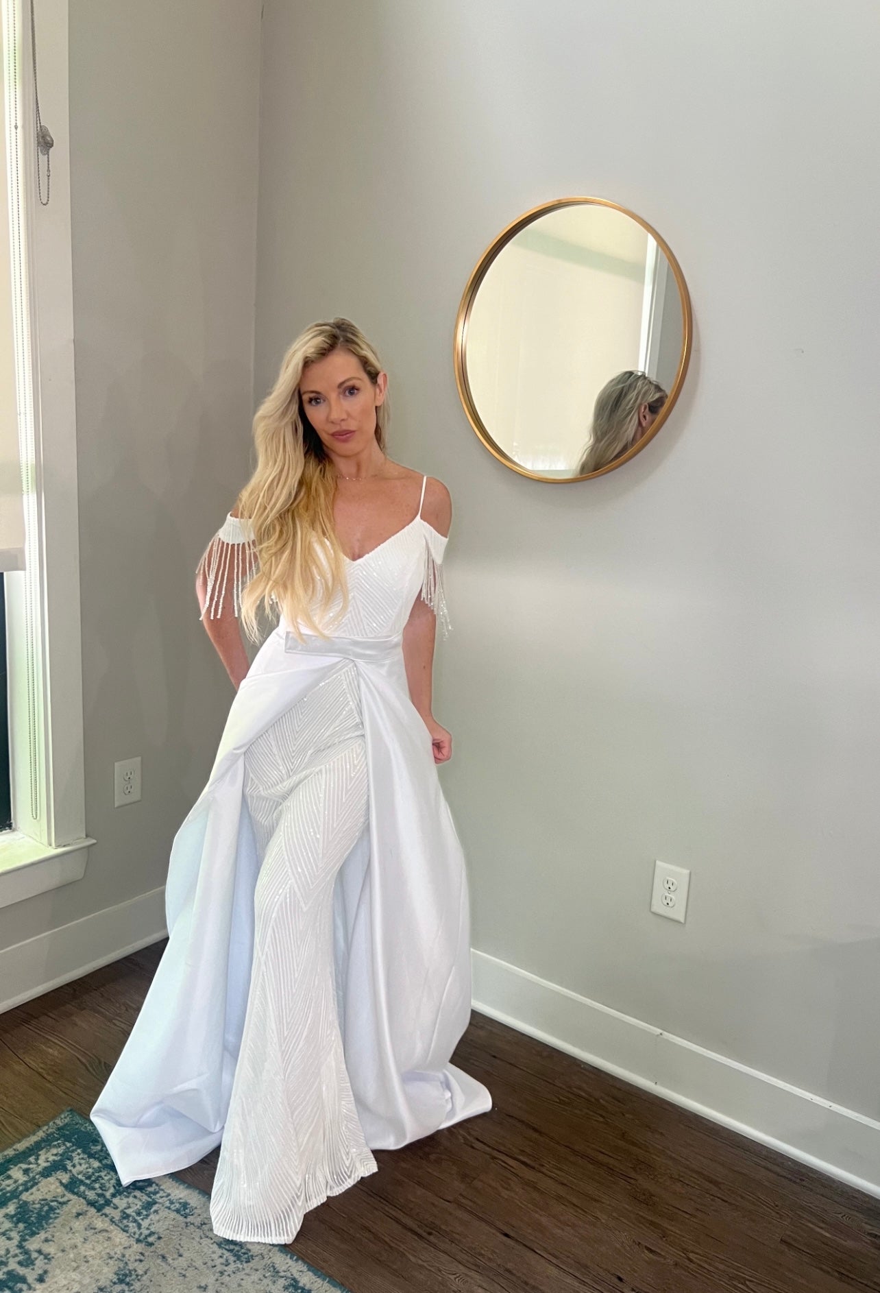 Sequin Off Shoulder Trumpet Wedding Dress with Removable Satin Train