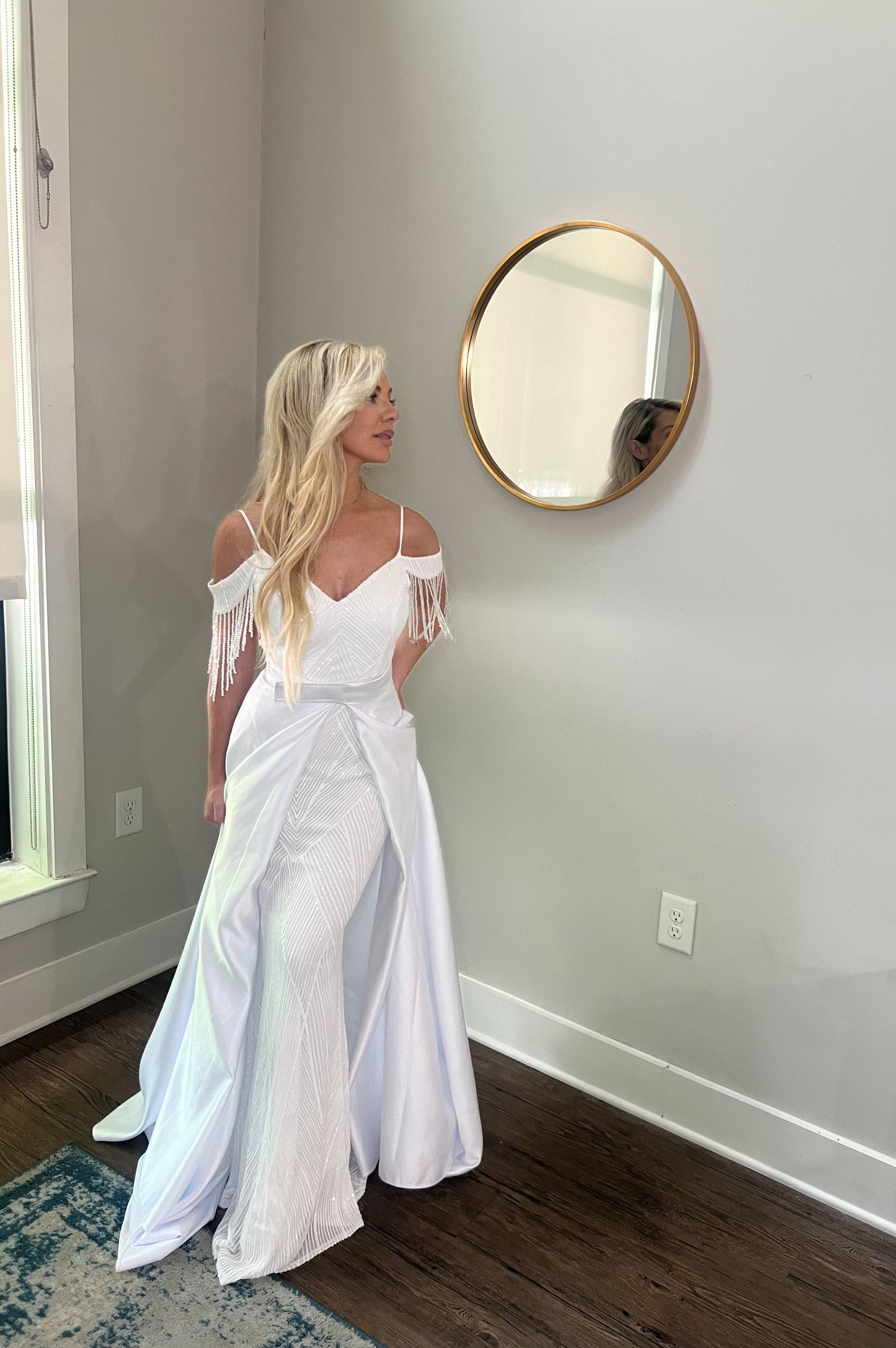 Sequin Off Shoulder Trumpet Wedding Dress with Removable Satin Train