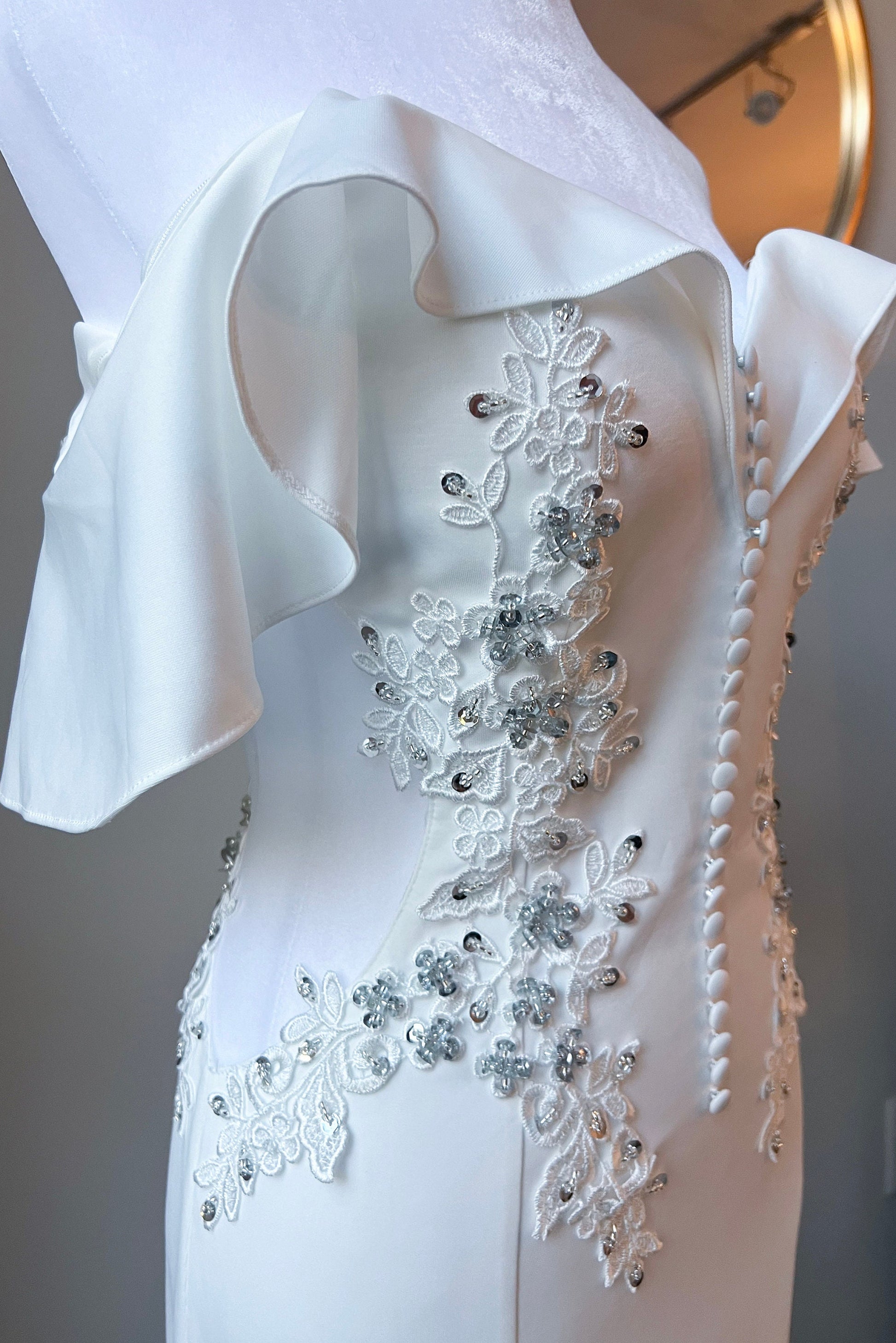 Beautiful wedding lace embroidered sheer side wedding dress, bridal buttons lace appliqués wedding gown