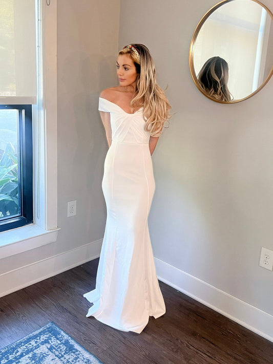 empire waist jersey material fit and flare wedding gown off shoulder wedding dress, zip up back wedding gown stretch material,