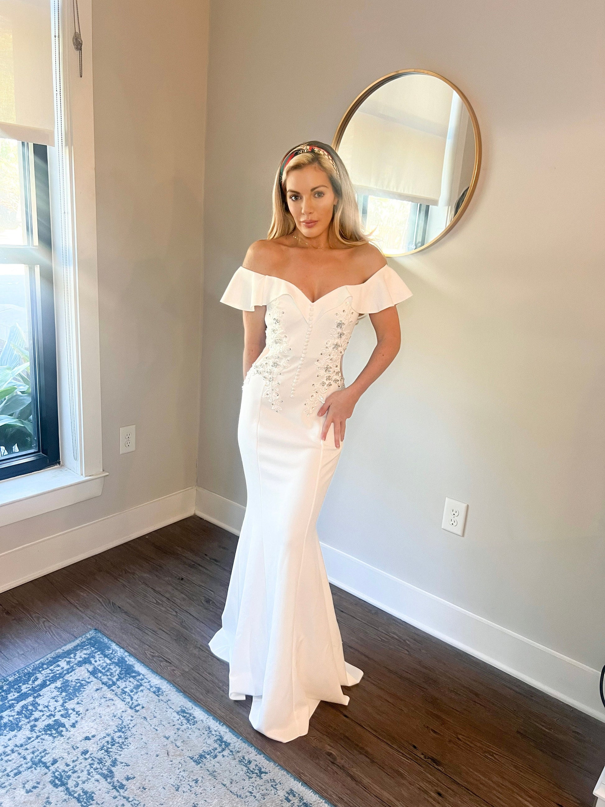 Off shoulder sleeves wedding dress with appliqués and bridal buttons vintage wedding dress, fit and flare small train wedding dress
