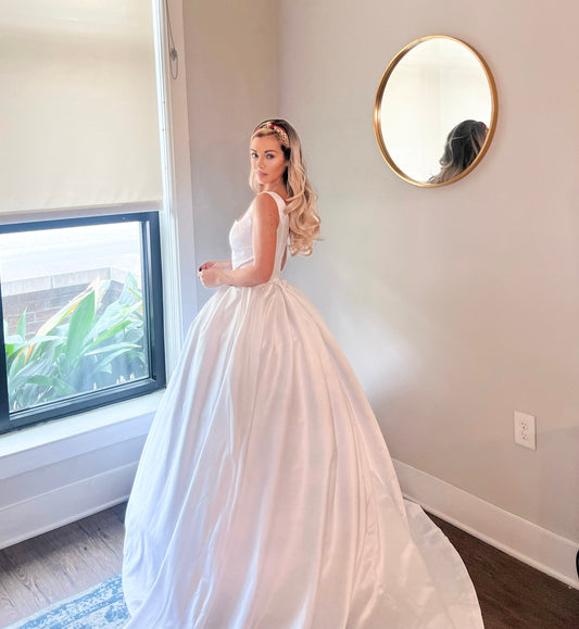 Luxurious ball gown satin with deep v and straps beautiful wedding gown, petticoat ballgown bridal gown, luxury women’s wedding dress