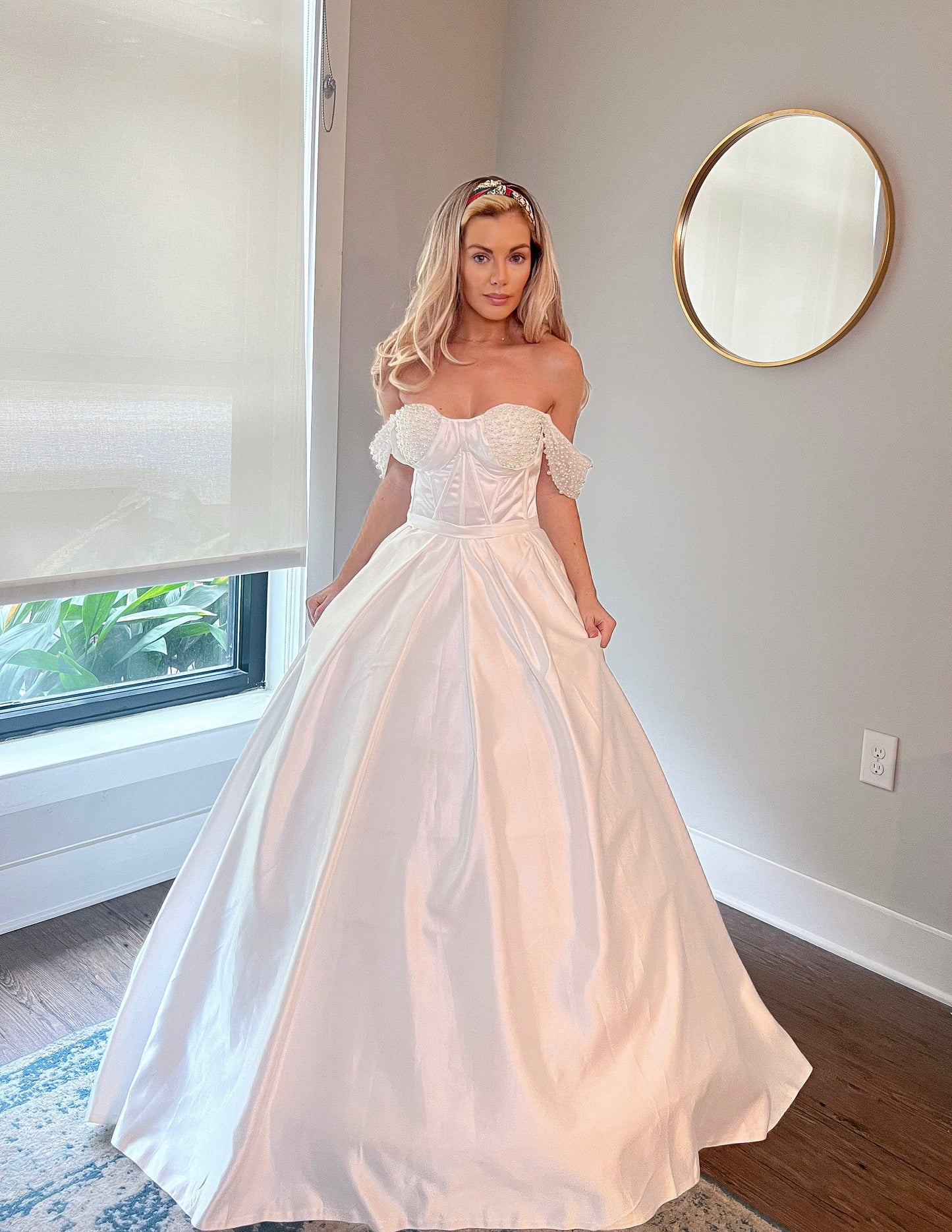 Corset bodice off shoulder wedding gown, pearl beaded bodice wedding gown