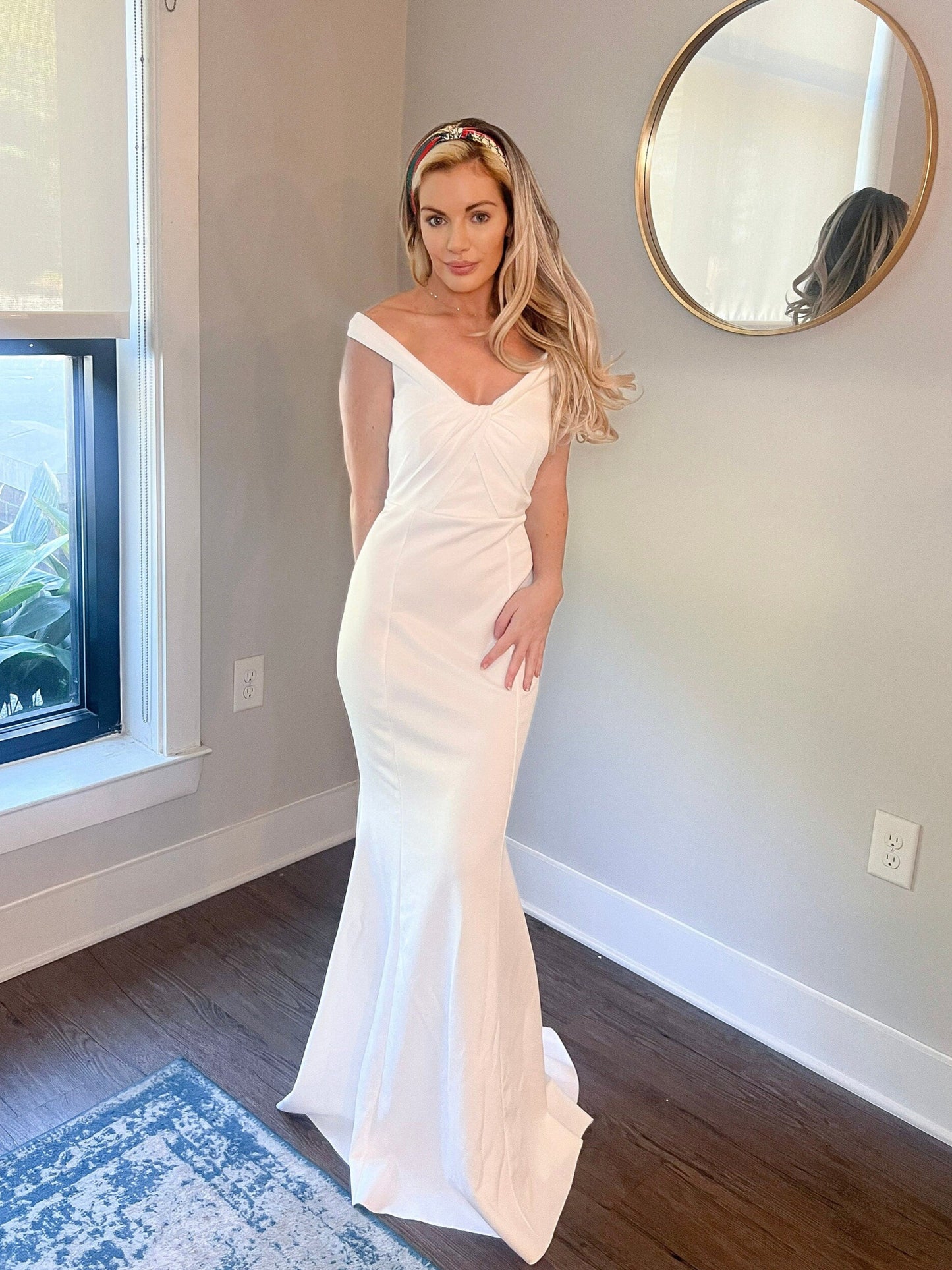 stretchy trumpet jersey material wedding dress, comfortable wedding dress, affordable stretchy wedding dress, reception dress, trumpet fit and flare wedding gown, off shoulder criss cross wedding gown