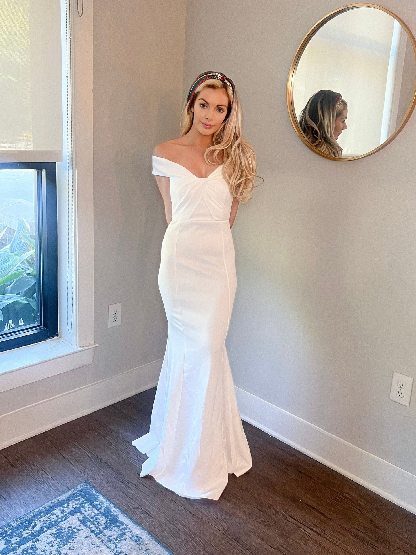 off shoulder criss cross top mermaid wedding gown, jersey material empire wait wedding gown
