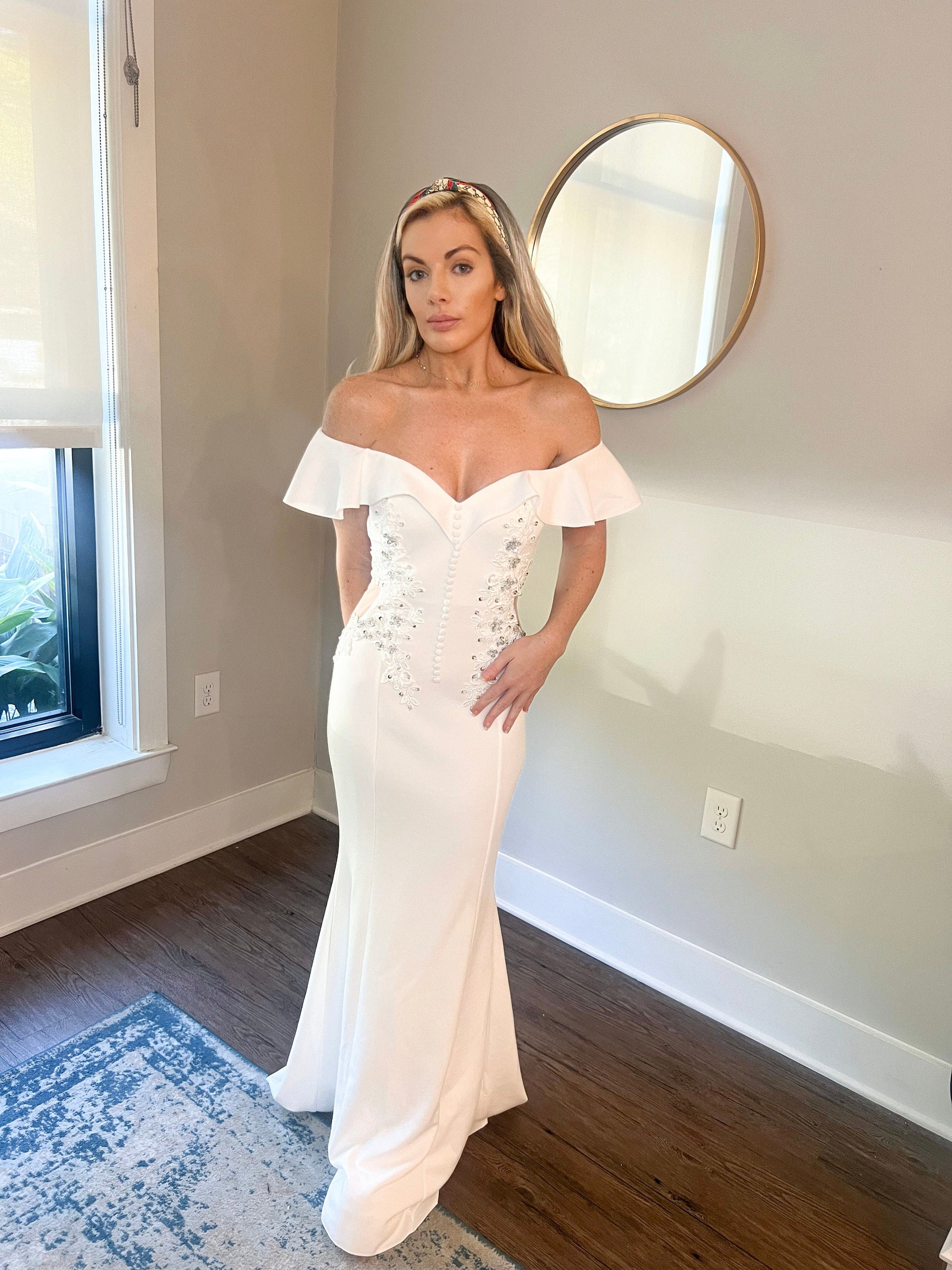 Sweetheart neckline beautiful affordable wedding dress with sequined, bridal buttons and appliqué, off shoulder sleeves bohemian wedding dress