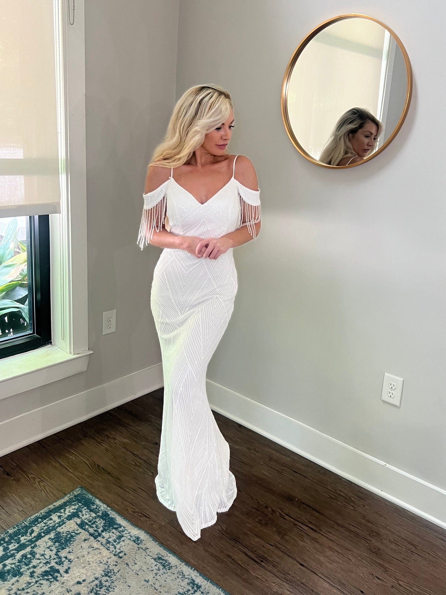 Off the shoulder sequin mermaid wedding dress, full crystals wedding dress