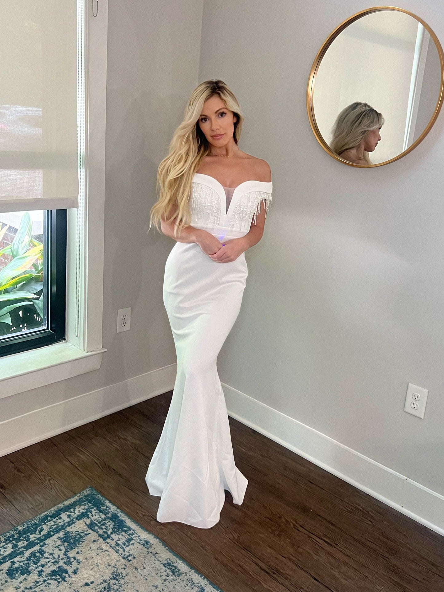 Off the shoulder mermaid wedding gown, cheap wedding gown adorned with crystals sweet heart neckline and tear drop crystals