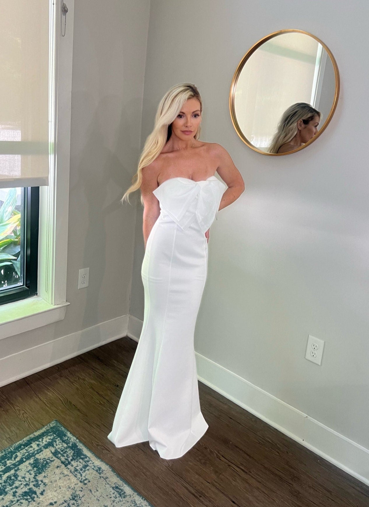 Cheap Reception Dress, strapless fit and flare wedding dress, decorative wedding bow