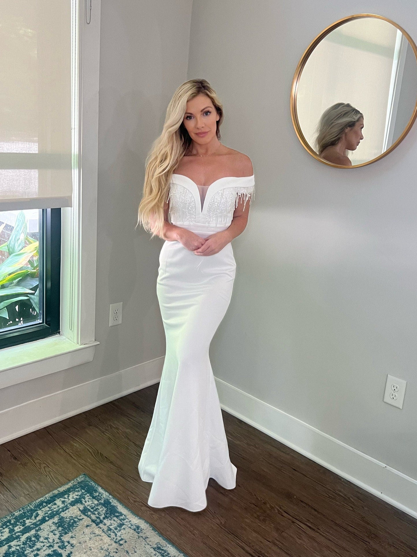 Off the shoulder tear drop crystals, crystal sequin sleeves wedding gown, deep v mesh insert sweetheart neckline wedding gown, fit and flare form fitting wedding gown