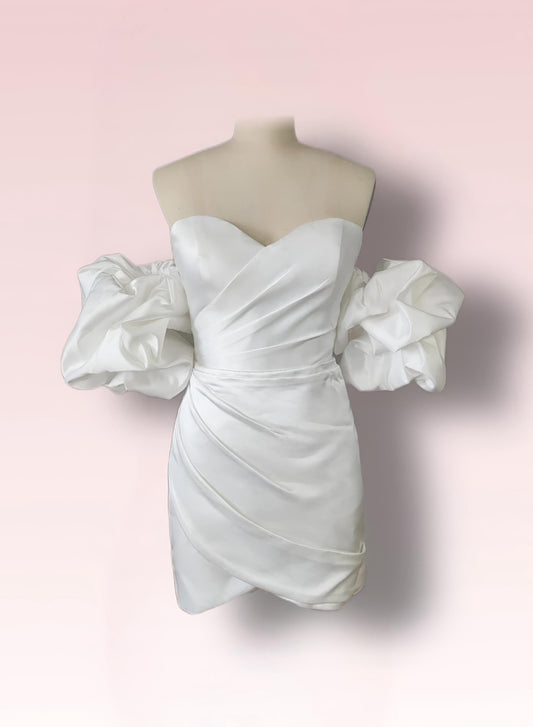 Elegant Satin Mini Bridal Dress with Statement Puff Sleeves