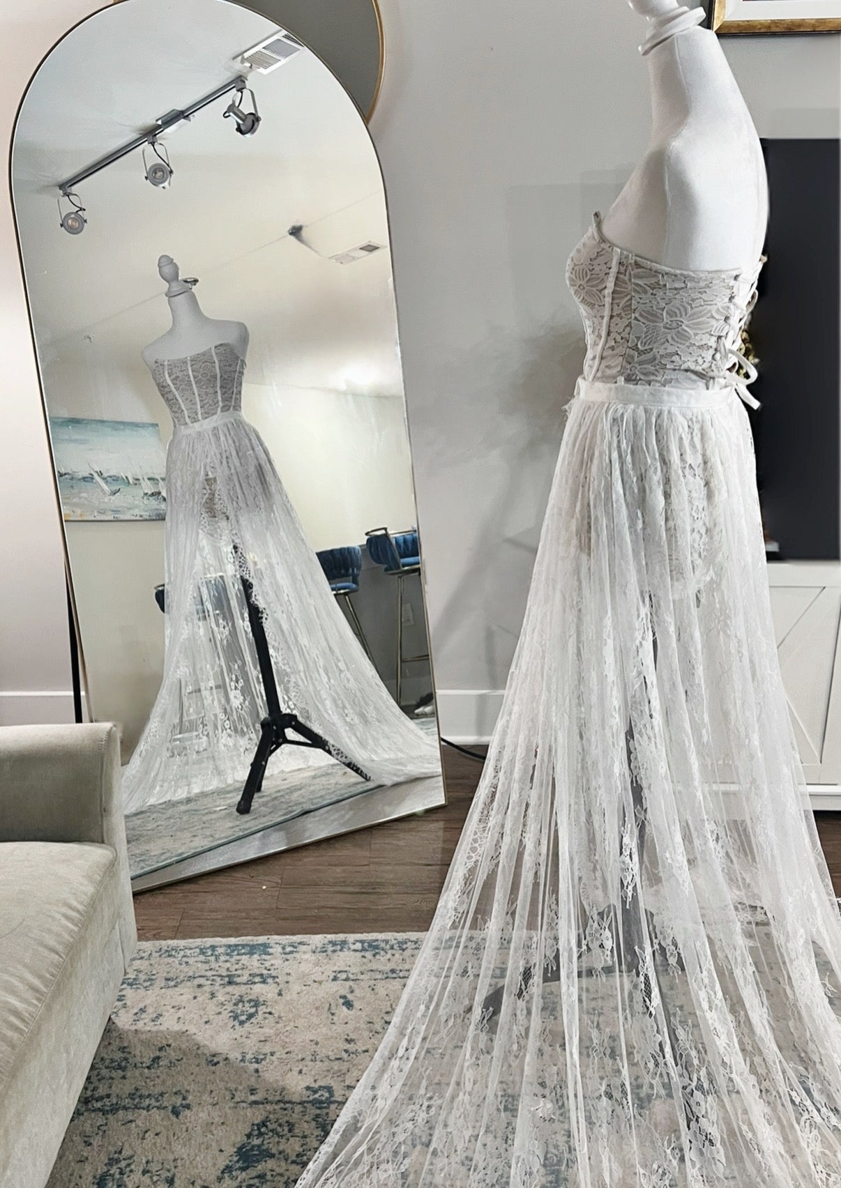 Bohemian One Layer Eyelet Chantilly Embroidered Lace Detachable Wedding Skirt, Unique Wedding Train