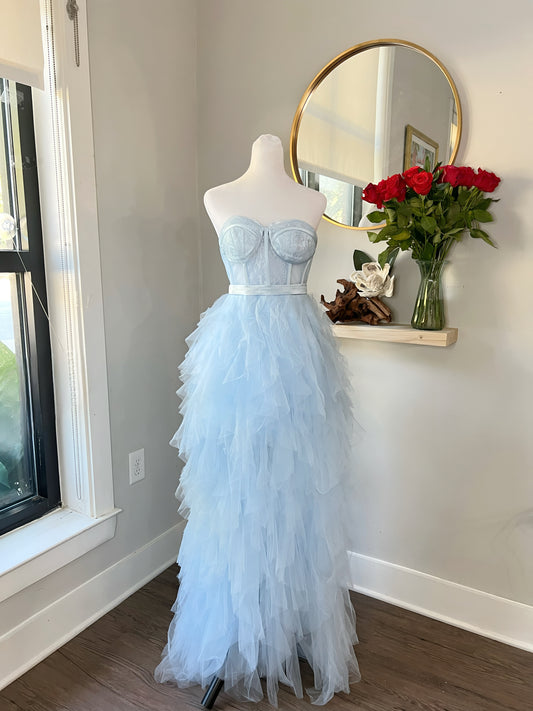 Elegant Light Blue Tulle Wedding Guest Dress with Corset Bodice