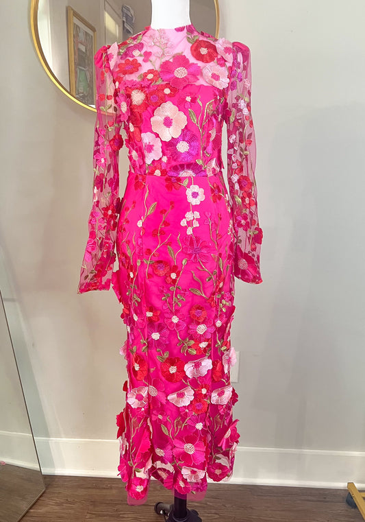 Long Sleeve Hot Pink Floral Midi Wedding Guest Dress