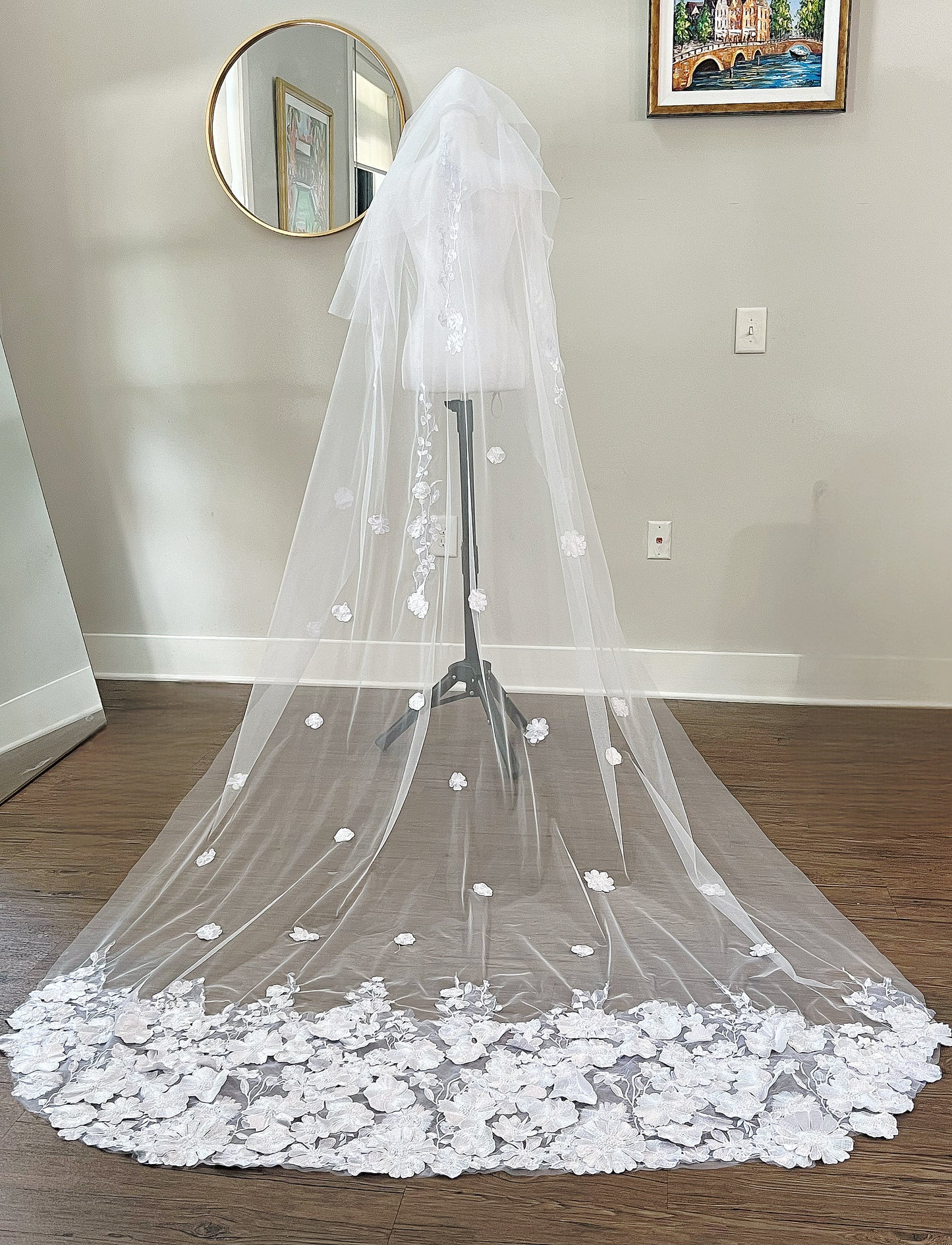 White 3D Floral Cathedral Length Veil with Blusher