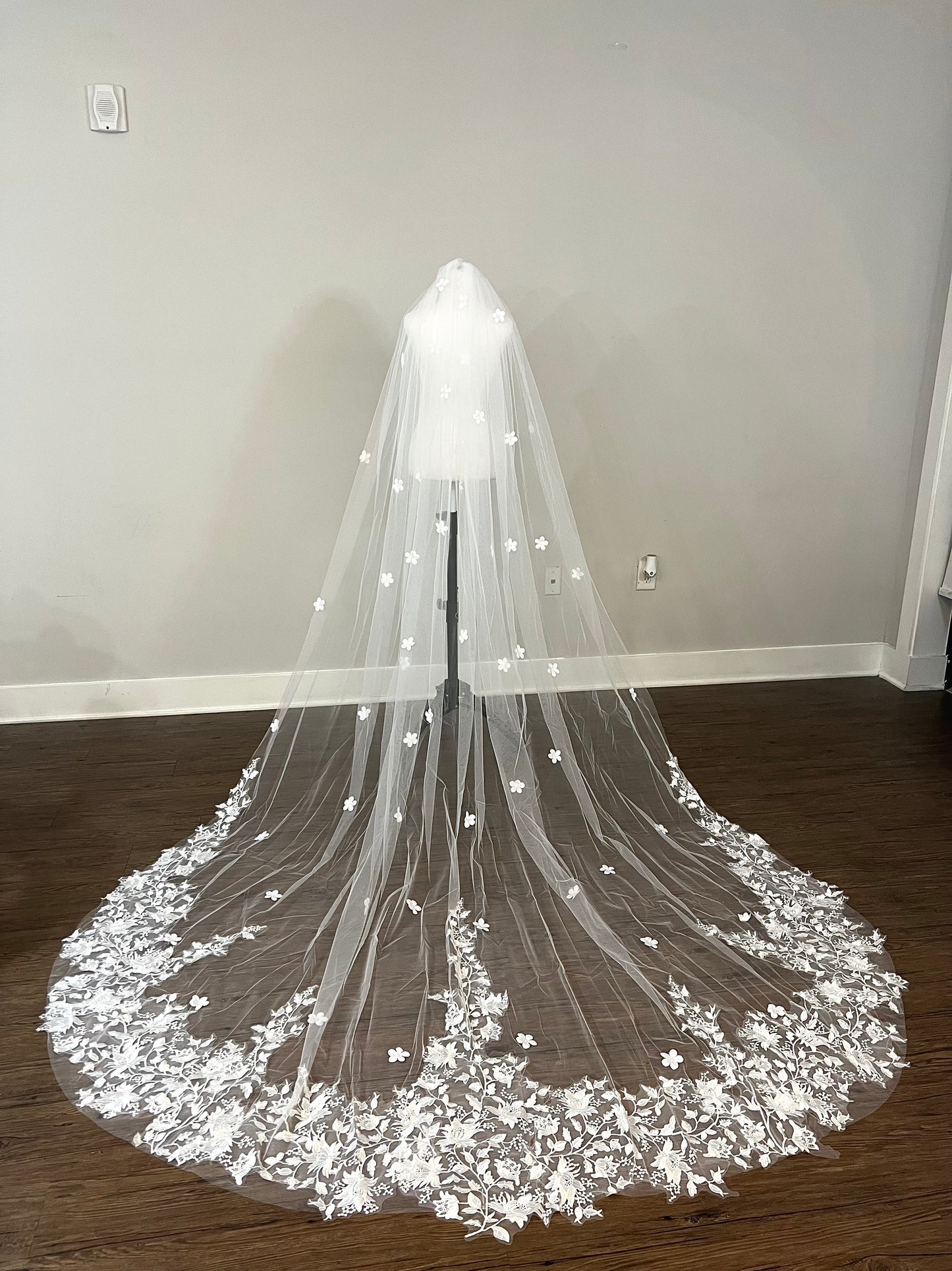 Elegant Cathedral Length Wedding Veil with Floral Lace and Pearl Appliques