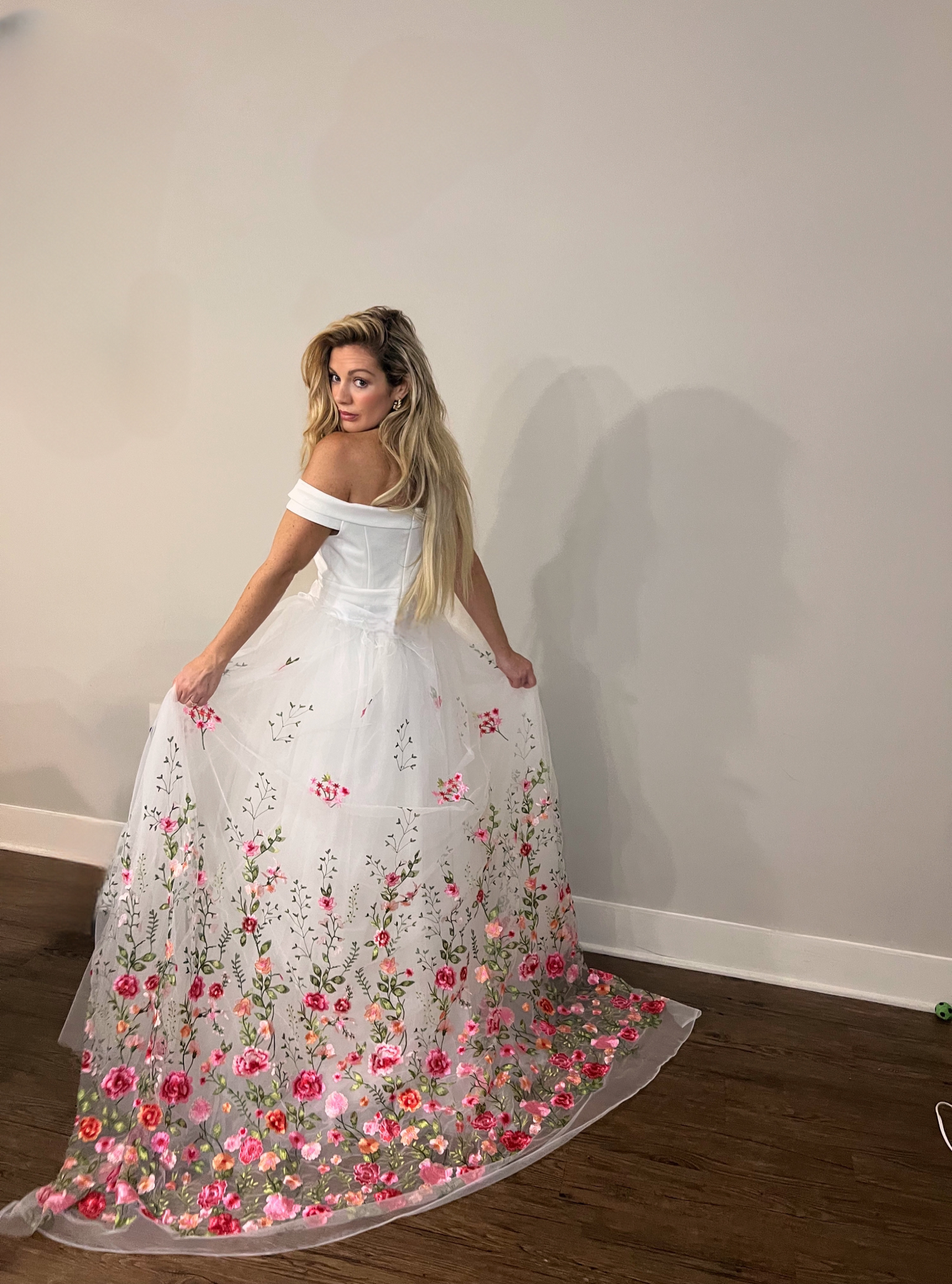 Pink Floral Embroidery Wedding Train Bridal Overskirt