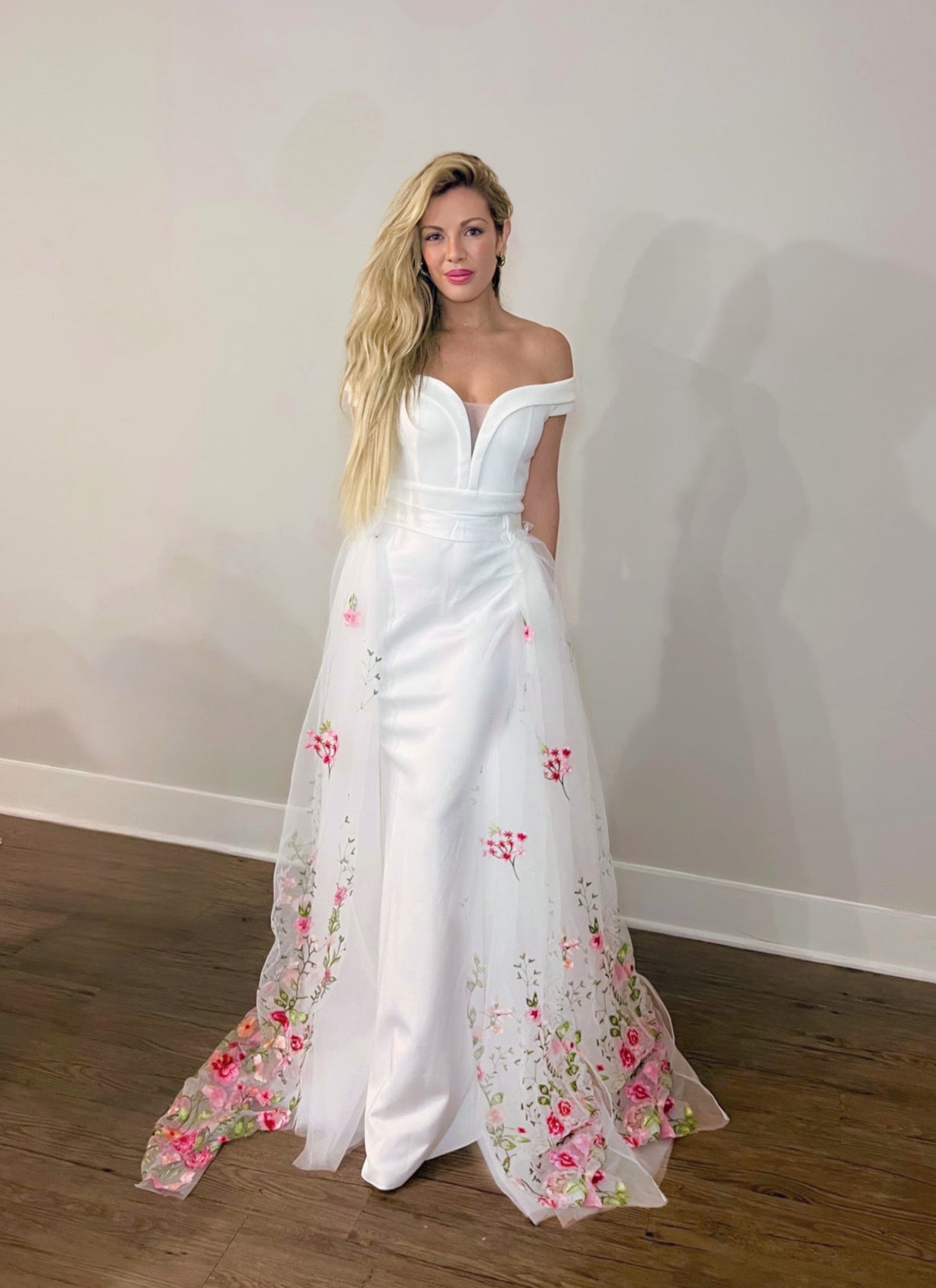 Pink Floral Embroidery Wedding Train Bridal Overskirt